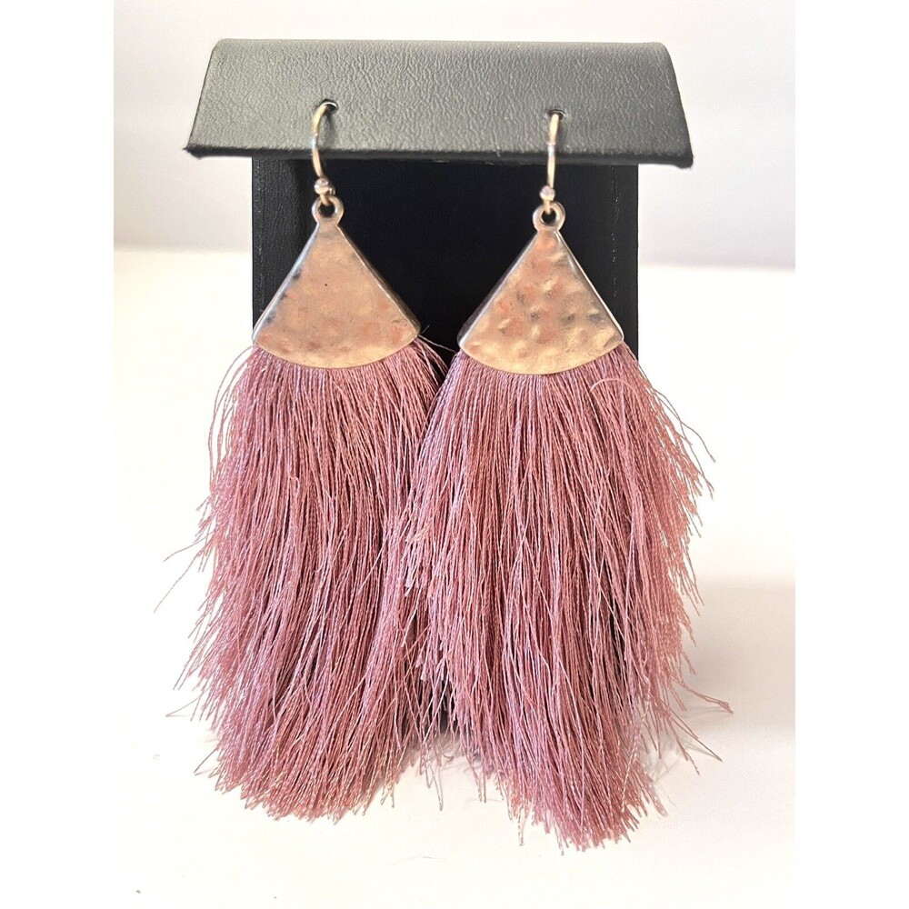 Blush Pink Silky Thread Fringe Statement Earrings Hammered Gold Tone Bohemian